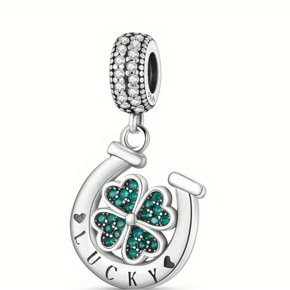 Jewelry - Sterling Silver Four Leaf Clover w/Green Gems “Lucky”Horseshoe Charm Pendant